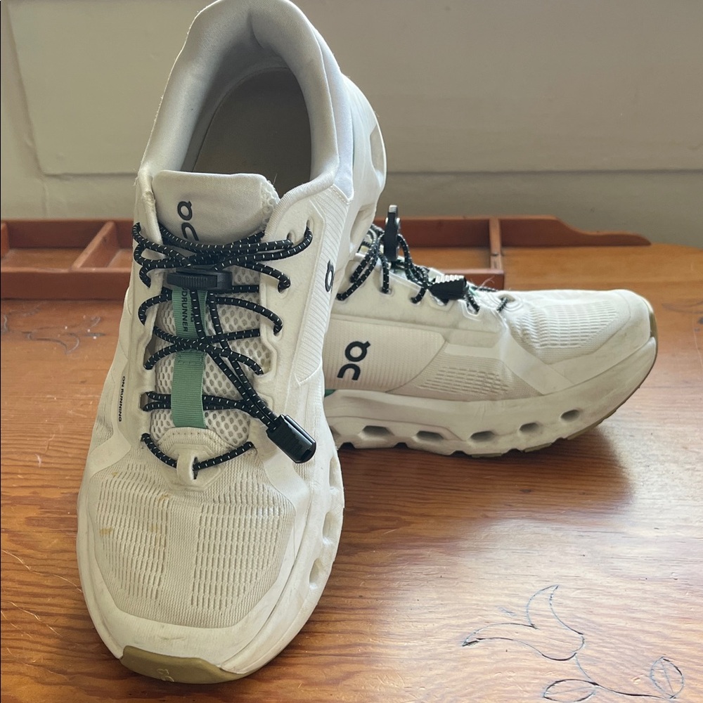 On Running White and Green Sneakers